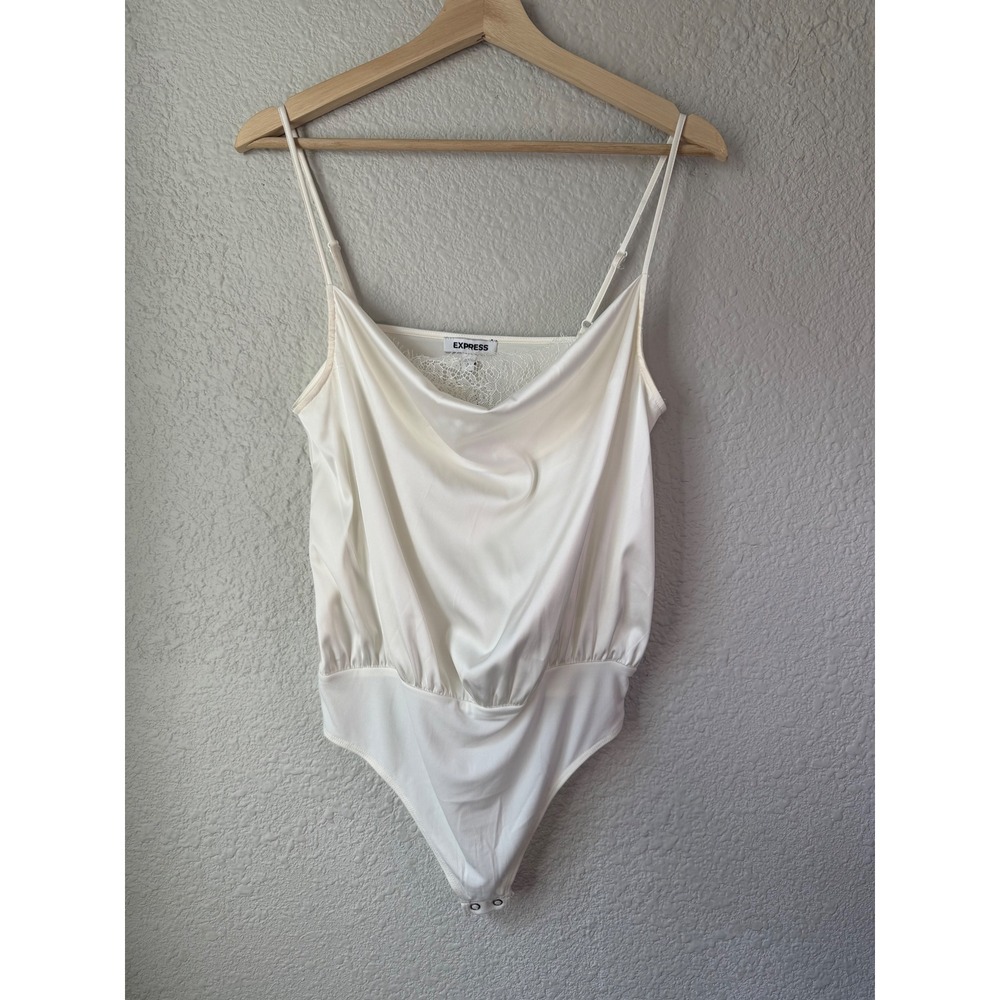 NWT Express White Satin Cowl Neck Lace Bodysuit Medium‎ Adjustable Straps